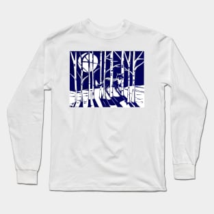 Fox in Moonlit Forest Linocut Long Sleeve T-Shirt